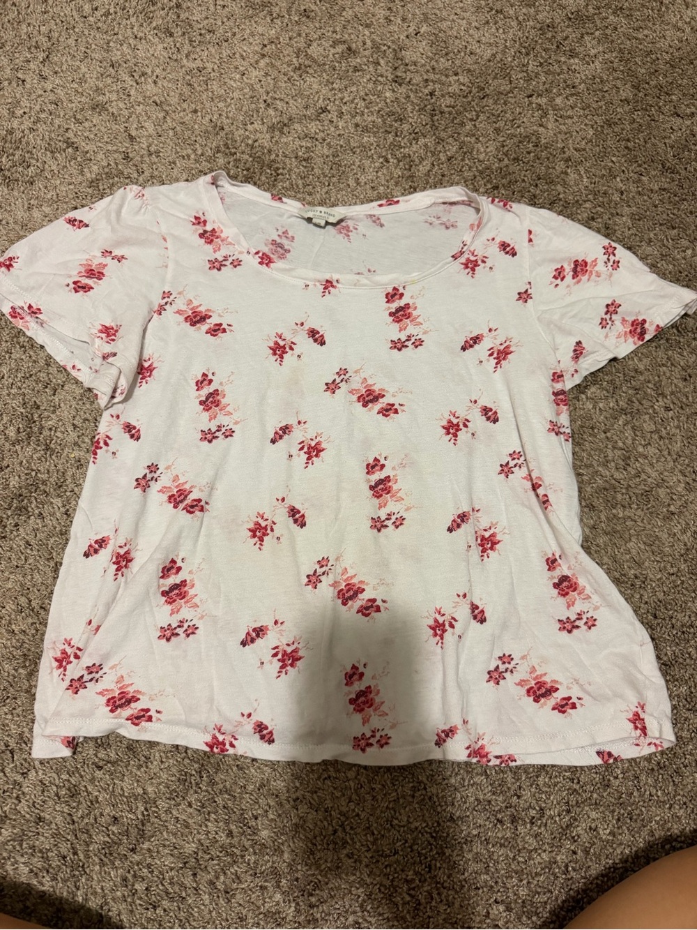 Lucky Brand White Short Sleeve Tee with Pink Floral Print